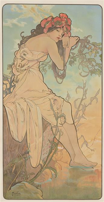 ALPHONSE MUCHA (1860-1939). [THE SEASONS]. Group of 4 decorative panels. 1896. Each approximately 41½x22 inches, 105½x56 cm. [F. Champe